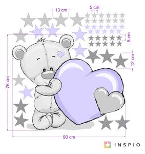 INSPIO-textilná prelepiteľná nálepka - Nálepka na stenu - Medvedík s fialovým srdiečkom a menom