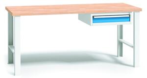 Pracovný stôl do dielne WL so závesným boxom na náradie, buková škárovka, 1 zásuvka, pevné kovové nohy, 1500 mm