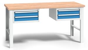 Pracovný stôl do dielne WL s 2 závesnými boxami na náradie, buková škárovka, 4 zásuvky, pevné kovové nohy, 1700 mm