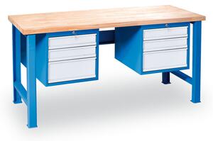 Výškovo nastaviteľný pracovný stôl GÜDE Variant s 2 závesnými boxami na náradie, buková škárovka, 6 zásuviek, 2000 x 800 x 850 - 1050 mm, modrá