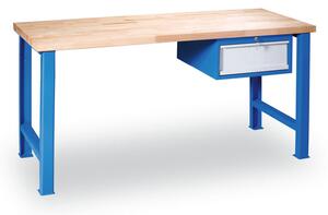 Dielenský pracovný stôl GÜDE Variant so závesným boxom na náradie, buková škárovka, 1 zásuvka, 2000 x 800 x 850 mm, modrá
