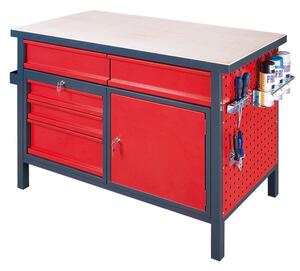 Dielenský pracovný stôl GÜDE Basic, 5 zásuviek, smrek + buková preglejka, 5 zásuviek, 1 skrinka, 1190 x 600 x 850 mm, antracit/červená