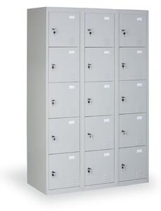 Šatníková skrinka s úložnými boxami, 15 boxov, 1820 x 1140 x 500 mm, cylindrický zámok, sivé dvere