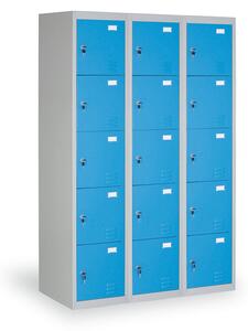 Šatníková skrinka s úložnými boxami, 15 boxov, 1820 x 1140 x 500 mm, cylindrický zámok, modré dvere