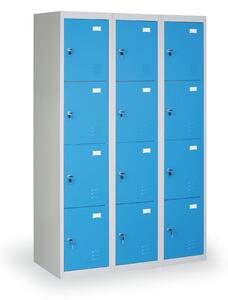 Šatníková skrinka s úložnými boxami, 12 boxov, 1820 x 1140 x 500 mm, cylindrický zámok, modré dvere