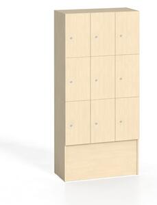 Drevená odkladacia skrinka s úložnými boxami, 9 boxov, 1700 x 900 x 420 mm, cylindrický zámok, breza