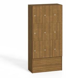 Drevená odkladacia skrinka s úložnými boxami, 9 boxov, 1700 x 900 x 420 mm, cylindrický zámok, orech