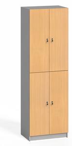 Drevená šatníková skrinka, 4 dvere, cylindrický zámok, sivá / orech