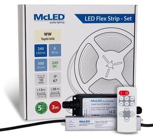 McLED LED páska - sada 3 m + Prijímač Nano IP67, 240 LED/m, WW, 6 W/m, DC 24V, 500 lm/m, CRI90, IP67, 10 mm, vodič 3 m ML-126.034.90.S03002