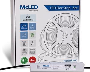 McLED LED páska - sada 4 m, 240 LED/m, CW, 6 W/m, DC 24V, 520 lm/m, CRI90, IP67, 10 mm, vodič 3 m ML-126.032.90.S04001