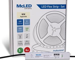 McLED LED páska - sada 4 m, 240 LED/m, WW, 6 W/m, DC 24V, 500 lm/m, CRI90, IP67, 10 mm, vodič 3 m ML-126.034.90.S04001