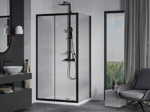 Mexen APIA, sprchový kút s posuvnými dverami 140 (dvere) x 80 (stena) cm, 5mm číre sklo, čierny profil + biela sprchová vanička, 840-140-080-70-00-4010B