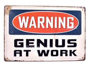 Ceduľa Warning - Genius At Work Vintage style 30cm x 20cm Plechová tabuľa