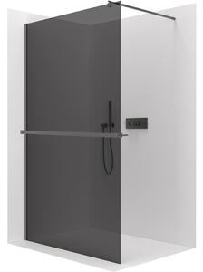 CERANO - Sprchová zástena Walk-in Onyx Round Ľ/P - 8 mm - guľatá vzpera + polička/držiak na uteráky - čierna matná, grafitové sklo - 40x200 cm