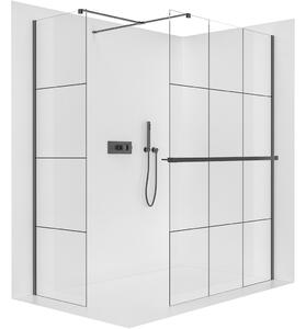 CERANO - Sprchová zástena Walk-in Onyx TL/P - 8 mm - hranatá vzpera + polička / držiak na uteráky - čierna matná, industriálne sklo - 150x90 cm