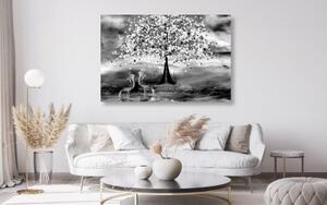 Obraz volavky pod magickým stromom v čiernobielom prevedení - 60x40