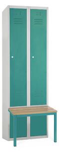 Kovová šatníková skrinka s lavičkou, 60 x 85 x 185 cm, sokel, cylindrický zámok, zelená - ral 6033