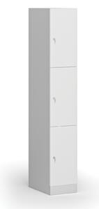 Šatníková skrinka s úložnými boxmi, 3 boxy, 1850 x 300 x 500 mm, cylindrický zámok, laminované dvere, biela
