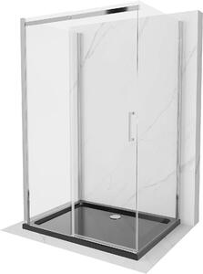 Mexen Omega, 3-stenový sprchovací kút s posuvnými dverami 100 (dvere) x 90 (stena) x 190 cm, 8mm číre sklo, chrómový profil + čierna sprchová vanička SLIM, 825-100-090-01-00-3S-4070