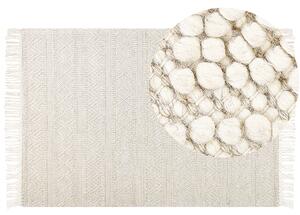 Koberec béžový vlnený 160 x 230 cm so strapcami ručne tkaný obývacia izba spálňa boho moderný štýl