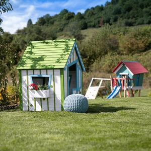 KONDELA Drevený záhradný domček pre deti, biela/sivá/modrá/zelená, LATAM