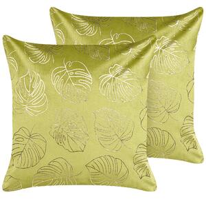 Sada 2 dekoratívnych vankúšov svetlozelená zamat 45 x 45 cm zlatá potlač listov monstery elegantný glamour štýl doplnky