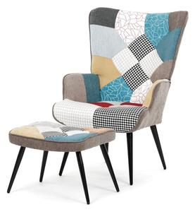 Relaxačné kreslo ušiak s taburetom ROYAL II — kov, látka, patchwork