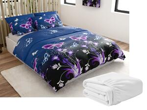 Sada mikroplyšových obliečok VIOLET BUTTERFLY tmavomodré + plachta mikroplyš SOFT 180x200 cm biela, dvojlôžko