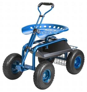 RealG RC-K-2338 Zahradní vozík se sedátkem a košíkem na nářadí, otočný 360°, modrý