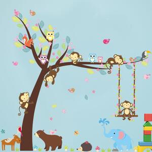 Veselá Stena Samolepka na stenu Strom s hojdačkou a zvieratkami