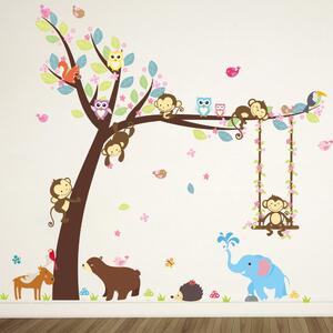 Veselá Stena Samolepka na stenu Strom s hojdačkou a zvieratkami