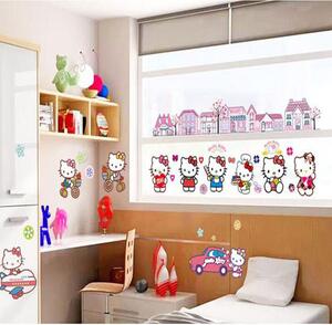 Veselá Stena Samolepka na stenu Hello Kitty s domčekmi