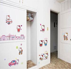 Veselá Stena Samolepka na stenu Hello Kitty s domčekmi