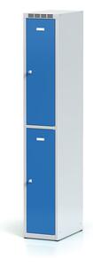 Kovová šatníková skrinka s úložnými boxami, 2 boxy, 1800 x 300 x 500 mm, cylindrický zámok, modré dvere