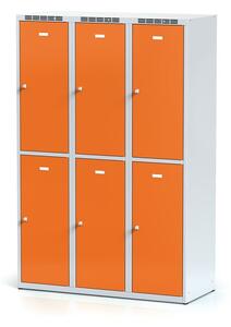 Šatníková skrinka s úložnými boxami, 6 boxov, 1800 x 1200 x 500 mm, cylindrický zámok, oranžové dvere