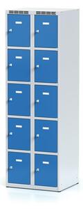 Šatníková skrinka s úložnými boxami, 10 boxov, 1800 x 600 x 500 mm, cylindrický zámok, modré dvere