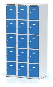 Šatníková skrinka s úložnými boxami, 15 boxov, 1800 x 900 x 500 mm, cylindrický zámok, modré dvere