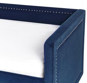 Posteľ námornícka modrá menčestrová čalúnená 90 x 200 cm rozťahovacia posteľ pre hostí kovové lemovanie