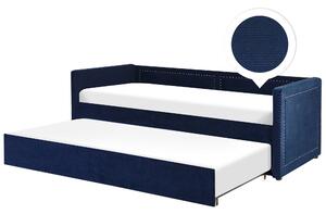 Posteľ námornícka modrá menčestrová čalúnená 90 x 200 cm rozťahovacia posteľ pre hostí kovové lemovanie