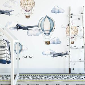 INSPIO-textilná prelepiteľná nálepka - Samolepky na stenu - Akvarelové lietadlá a balóny