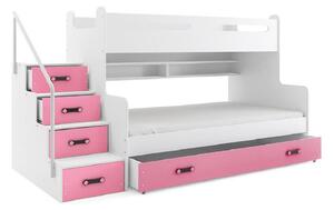 Poschodová posteľ XAVER 3 COLOR + úložný priestor + matrac + rošt ZADARMO, 120x200 cm, biela, ružová