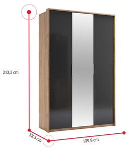 Šatníková skriňa DOTA 3D so zrkadlom, 139,8x213,2x58,5, dub kraft/smooth grey