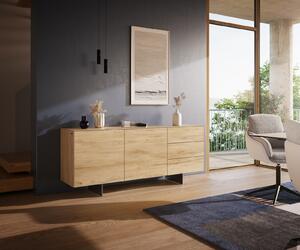 DELIFE Komoda Cuor 180 cm keramika Laminam® Sabbia v dubovej farbe 2 dvierka 3 zásuvky podstava závesná nerezová oceľ