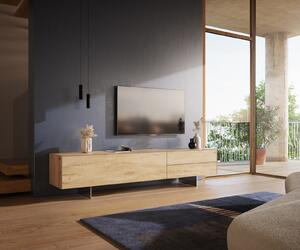 DELIFE TV stolík Cuor 220 cm keramika Laminam® Sabbia dubová farba 1 výklopné dvierka 2 zásuvky podstava závesná nerezová oceľ