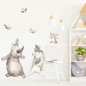 Detská nálepka na stenu Forest team - nosorožec, zajačik, myška a vtáčiky Rozmery: 99 x 66 cm