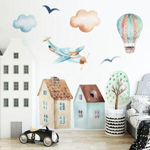 Detská nálepka na stenu Boys world - lietadlo, balón, domy a strom