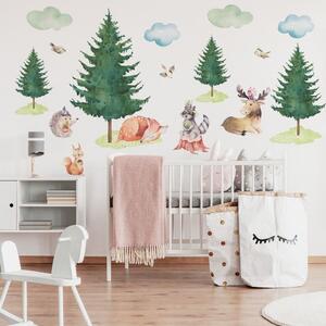 Detská nálepka na stenu Lesná partia - obláčiky, zvieratká a stromy