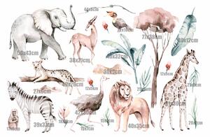 Detská nálepka na stenu Savanna - slon, nosorožec, žirafa, lev a iné zvieratá