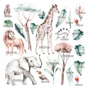 Detská nálepka na stenu Savanna - slon, lev, žirafa, opica