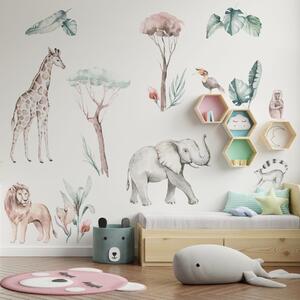 Detská nálepka na stenu Savana - slon, lev, žirafa, opica
